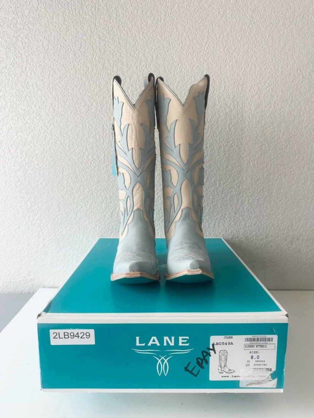 Lane JOLENE Cowboy Boots Blueberry Buttermilk Suede Leather Tall Snip Toe Sz 8 - Picture 12 of 13